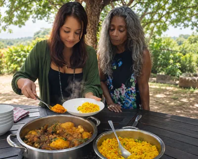 Chef Ivana Sanshia and her mother serving yellow rice and curry