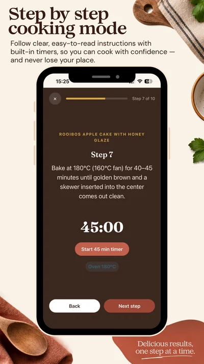 Cooking mode in the app: step 7 of 10 of a rooibos apple cake, large and alone on the screen, with a 45 minute timer ready to start