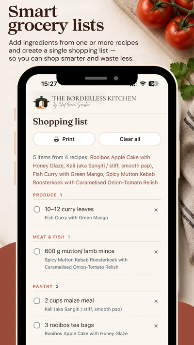 A shopping list in the app: five items gathered from four recipes, grouped into produce, meat and fish, and pantry, each one naming the recipe it came from