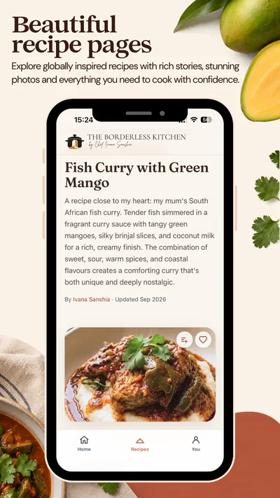 A recipe page in the app: the story behind Fish Curry with Green Mango above the photograph, with buttons to save it or add it to a list