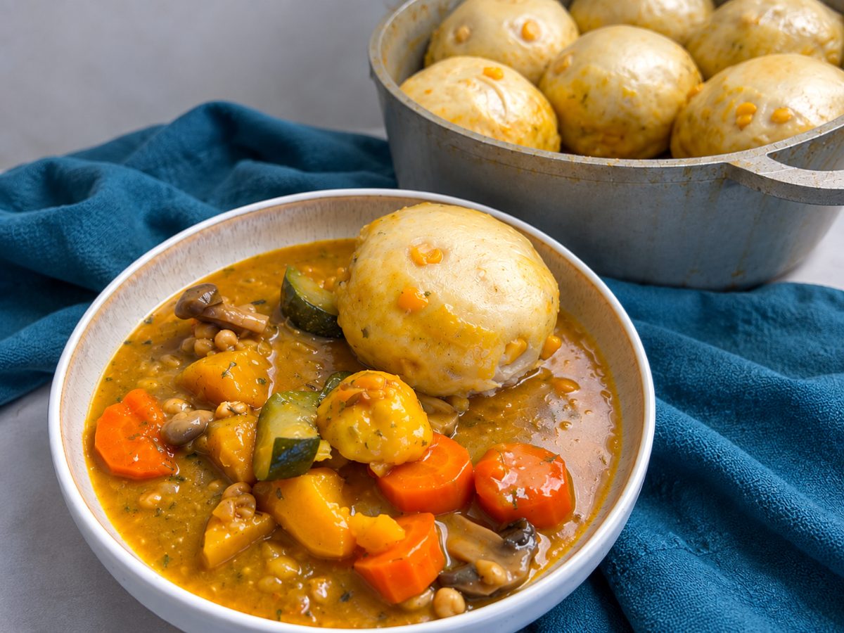 Chickpea Stew with Sweetcorn Dombolo, a South African recipe