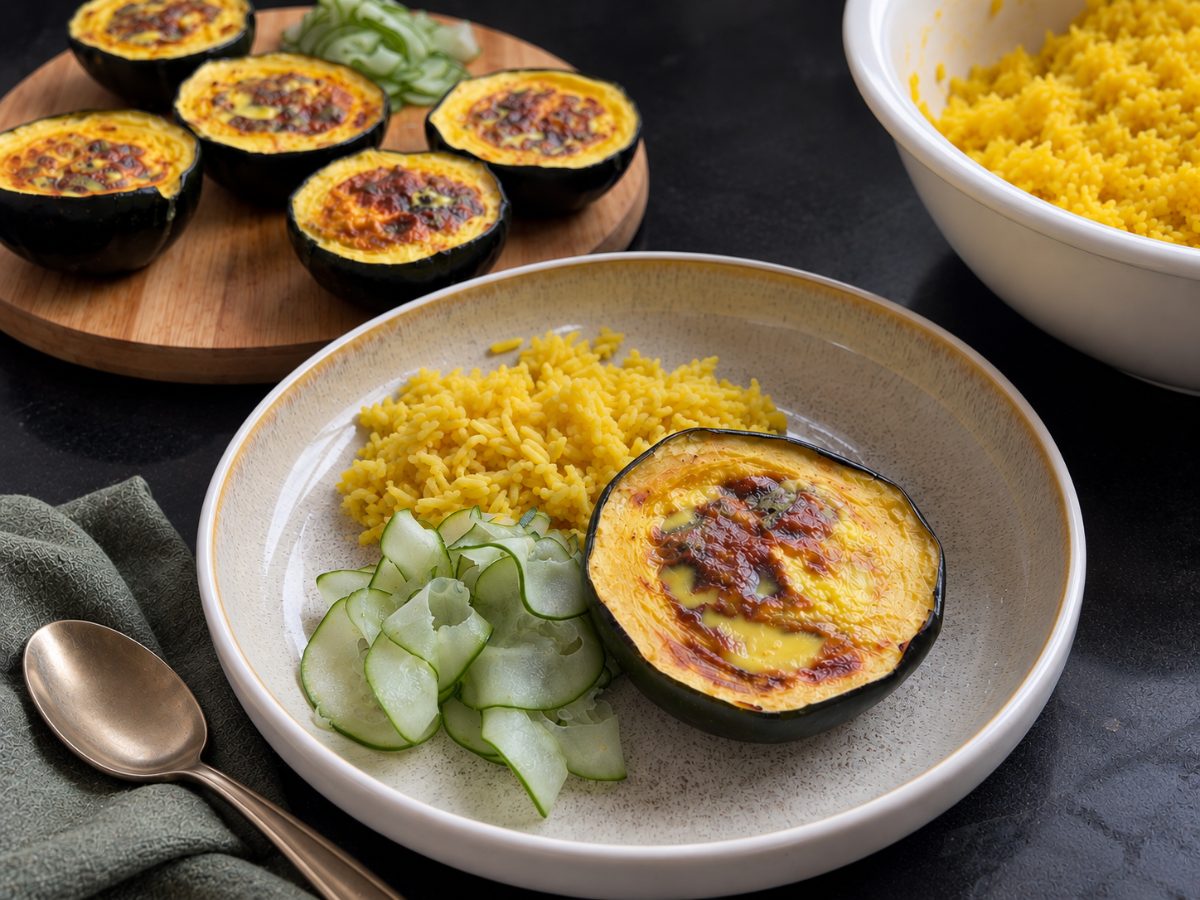Lentil Bobotie-Stuffed Gem Squash, a South African recipe