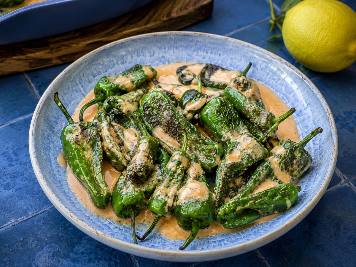 Blistered Pimientos de Padrón with Zesty Tomato Dressing, a European recipe