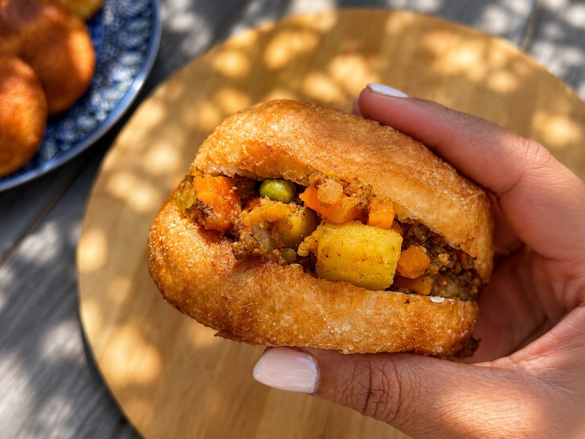 Vetkoek with Curried Mince, a South African recipe